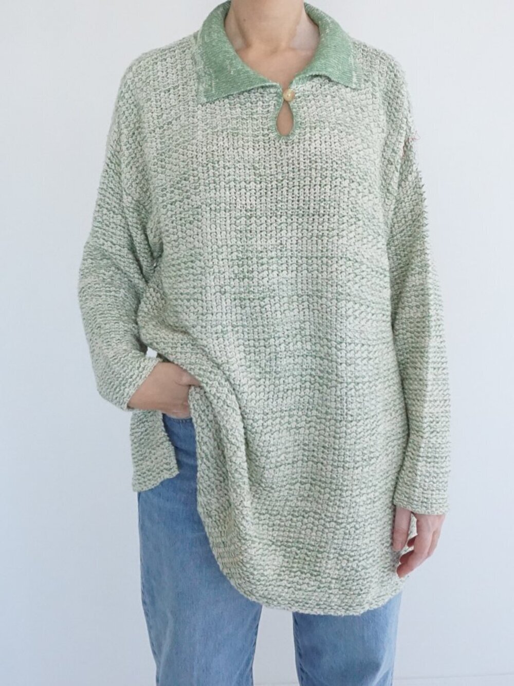 Vintage Avon Style Green White Knit Sweater Collared Button Placket Textured M/L